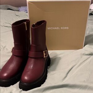 Michael Kors Burgundy Mid-Calf Buckle Combat Boots